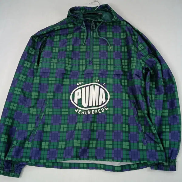 [BUNJANG] Puma x The Hundreds Green Checkered Hooded Anorak Windbreaker Jacket / 푸마 더 헌드레즈 체크 아노락 바람막이