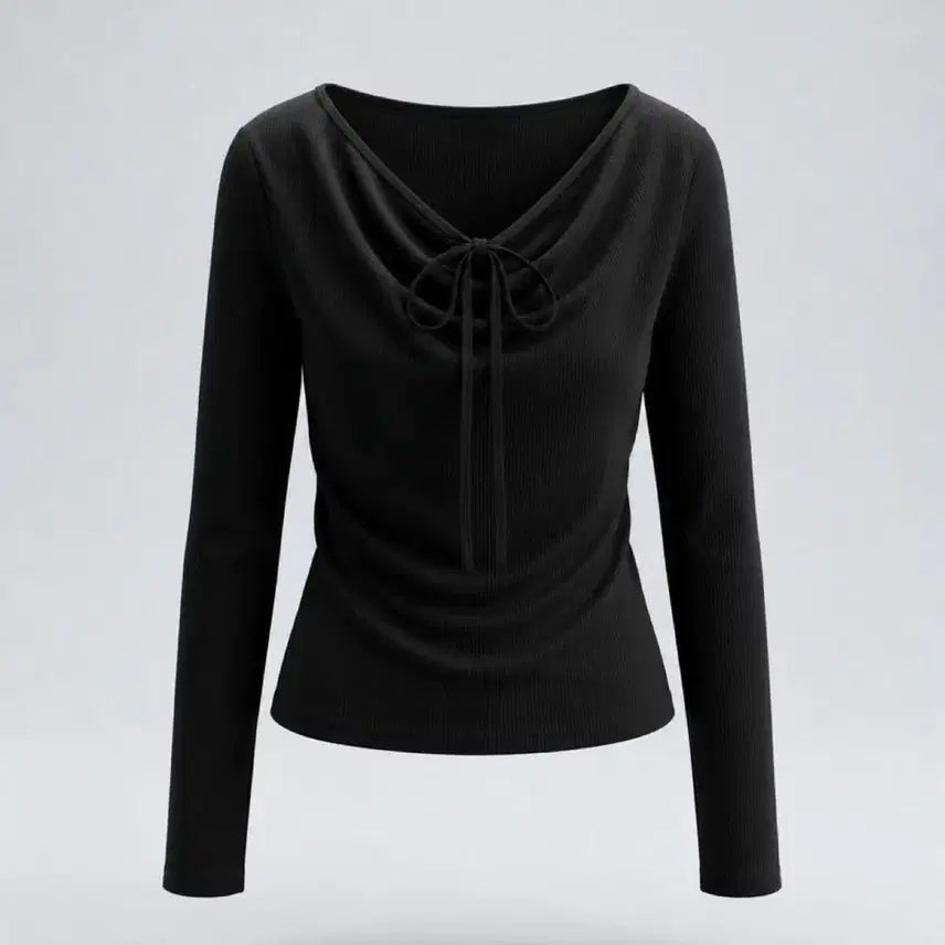 [BUNJANG] Women's Black Shirring Neck Tie Long Sleeve Top / 여성L/ 블랙 셔링 넥 끈 장식 긴팔 티