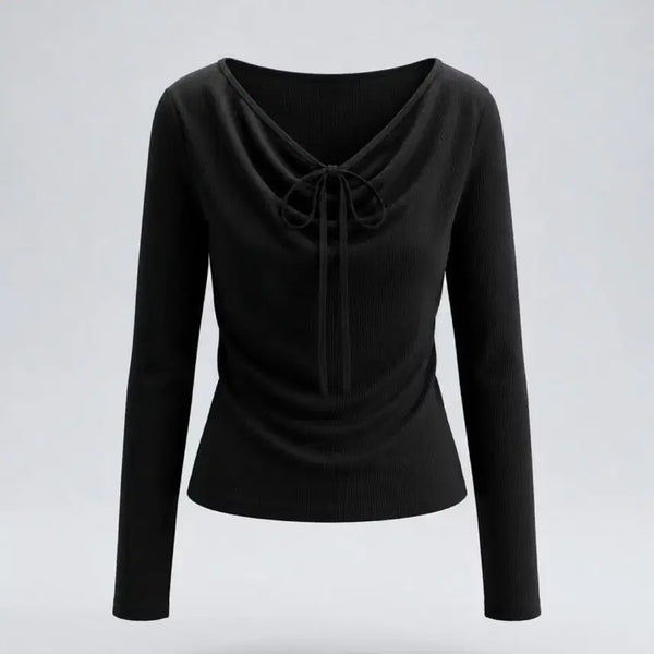 [BUNJANG] Women's Black Shirring Neck Tie Long Sleeve Top / 여성L/ 블랙 셔링 넥 끈 장식 긴팔 티