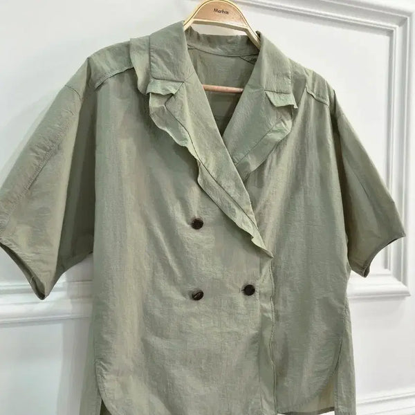 [BUNJANG] SJ.S.J Women's Summer Double Button Blouse - Light Green / sjsj 여성 여름 반팔 더블 버튼 블라우스 연두색