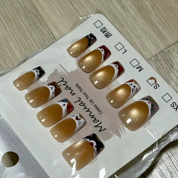 [BUNJANG] Handmade French Square Cat Nail Tips - Size S / 수제 귀여운 캐릭터 동물 프렌치 사각형 고양이 네일팁 사이즈 S