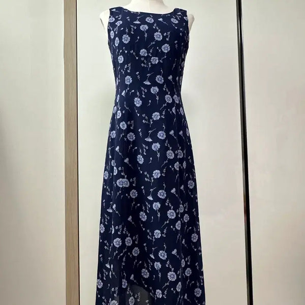 [BUNJANG] Vintage Sleeveless Floral Maxi Dress Navy / 빈티지 민소매 플라워 롱 원피스 네이비