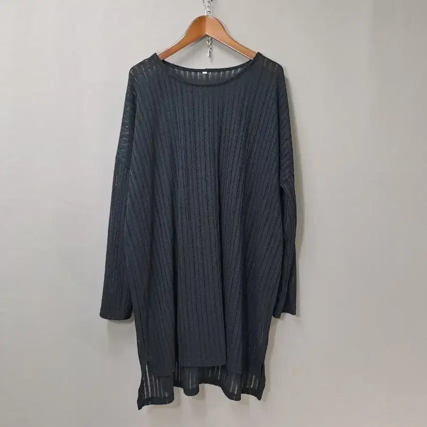 [BUNJANG] Oversized See-Through Ribbed Asymmetrical Black Long T-Shirt / 박시한 시스루골지 언발 블랙 롱 티셔츠
