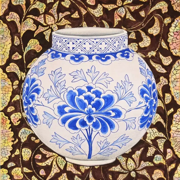 [BUNJANG] Minhwa Painting "Peony Vine and Celadon Moon Jar" by Gawon Kim Min-seo, Framed / 나전칠기 모란넝쿨무늬와 청화백자달항아리 민화 그림 액자