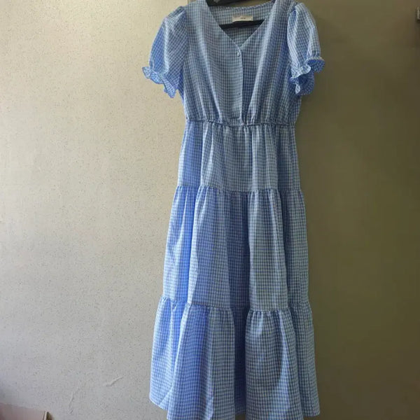 [BUNJANG] Sky Blue Check Pattern Satin Long Dress with Frill Sleeves / 사틴 롱원피스