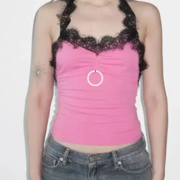 [BUNJANG] Aran House Lace Shirring Halter Top Pink / 아람하우스 레이스 셔링 홀터탑 핑크