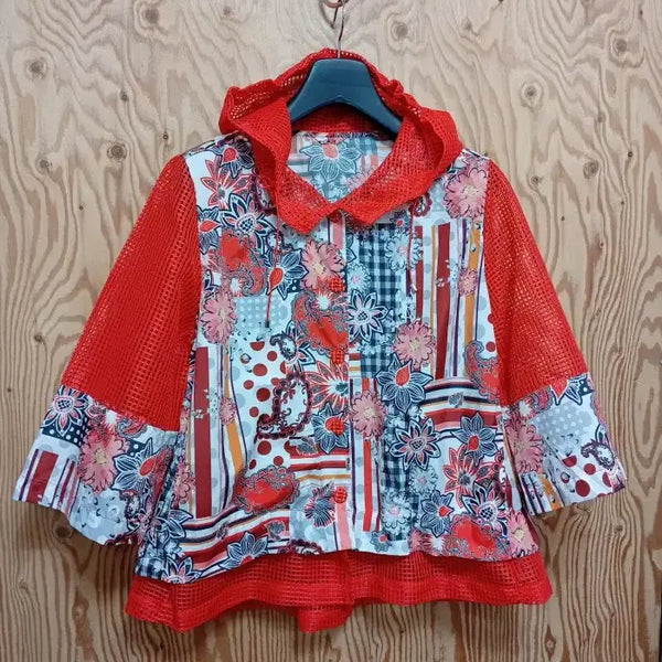 [BUNJANG] CHOIBOKHO Flower Pattern Mesh Color-Block Hooded Jacket / 최복호 플라워 패턴 매쉬 배색 후드 쟈켓