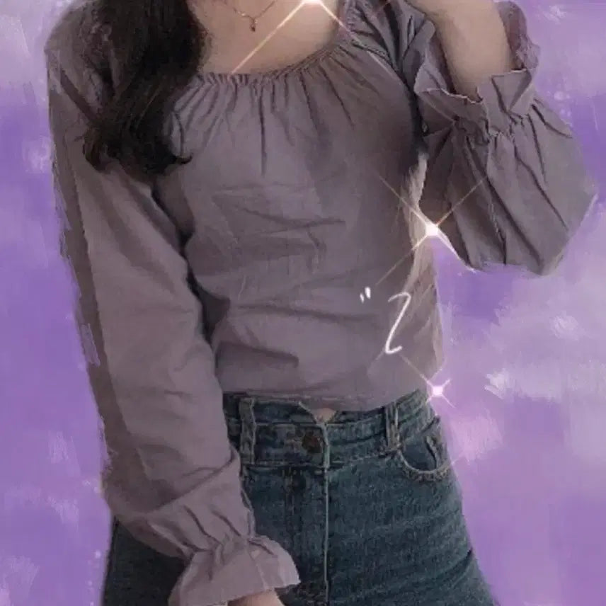 [BUNJANG] Purple Square Neck Puff Sleeve Blouse / 퍼플 스퀘어넥 퍼프 소매 블라우스(2번착용)