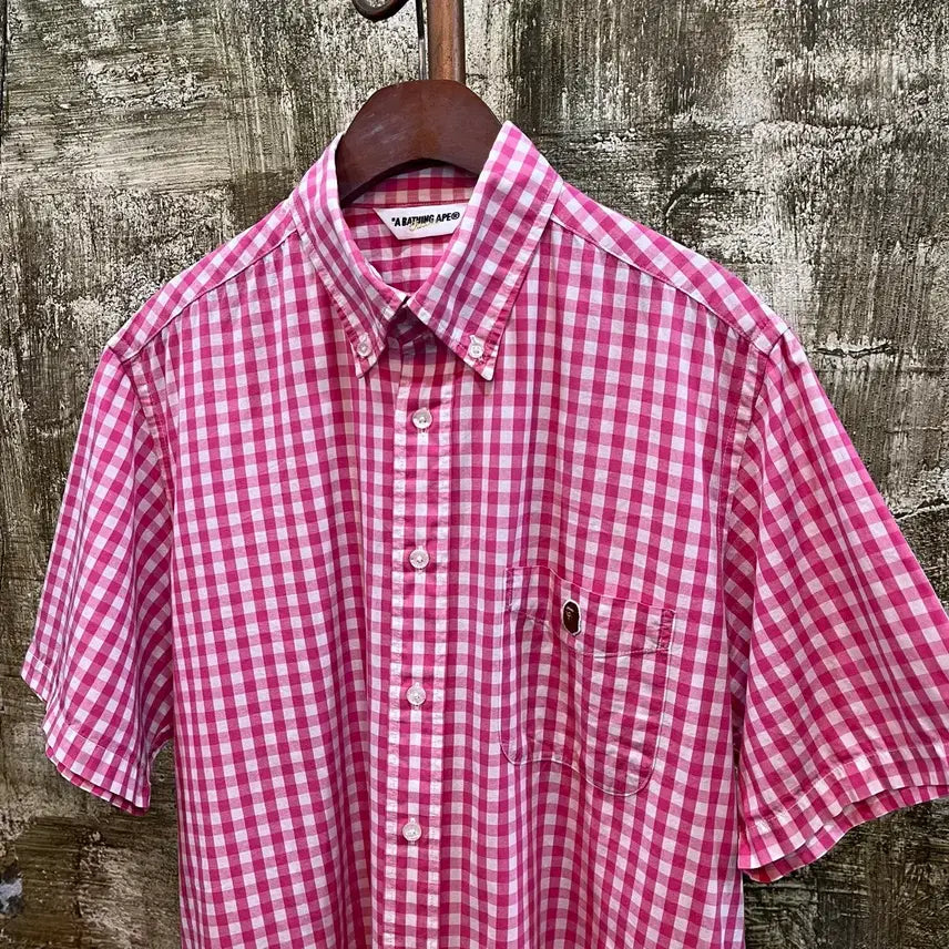 [BUNJANG] A Bathing Ape (Bape) 00s Gingham Check Short Sleeve Shirt Pink / 00s 베이프 Bape 깅엄 체크 반팔 셔츠 일본 유니섹스 빈티지