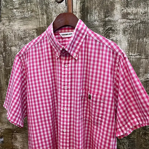 [BUNJANG] A Bathing Ape (Bape) 00s Gingham Check Short Sleeve Shirt Pink / 00s 베이프 Bape 깅엄 체크 반팔 셔츠 일본 유니섹스 빈티지