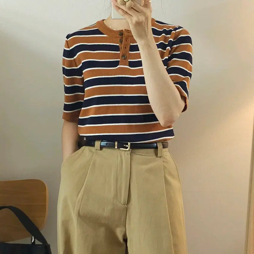[BUNJANG] (F)FOUND Women's Henry Neck Short Sleeve Knit / (F)FOUND 여성 헨리넥 반팔 니트