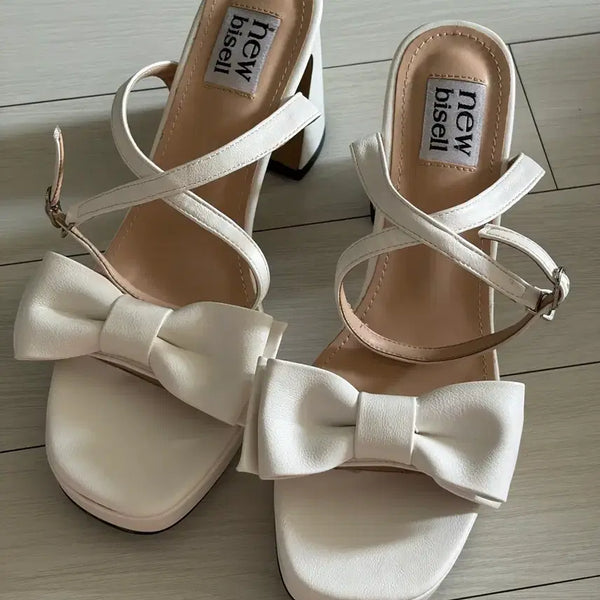 [BUNJANG] Ribbon Strap Sandals White 9cm Heel / 리본 스트랩 샌들화이트 9cm