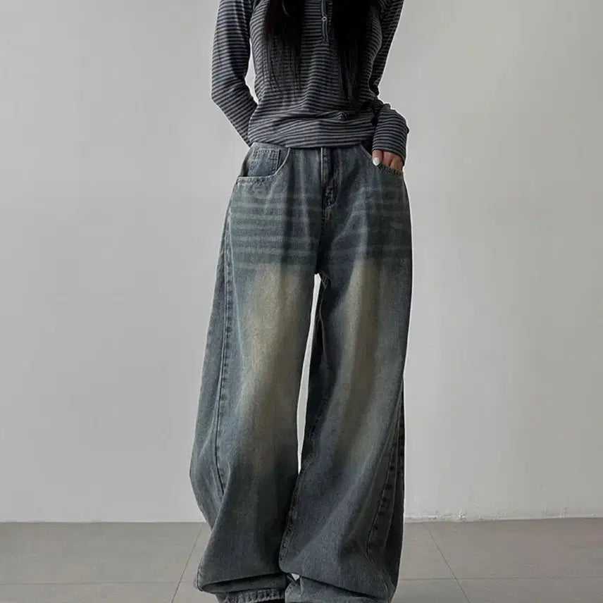 [BUNJANG] Ably Balloon Wide Side Pintuck Denim Pants / 에이블리 벌룬 와이드 사이드 핀턱 데님 팬츠 진청