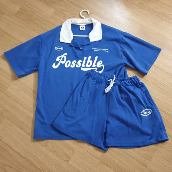 [BUNJANG] Sweet Latte Lettering Collar Short Sleeve T-shirt and Shorts Training Set / 스윗라뗴 셋업 레터링 카라 반팔티 반바지 트레이닝 세트 블루 여름 오버핏