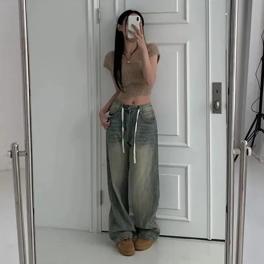 [BUNJANG] Ably Strap Wide Denim Pants Light Blue / 에이블리 스트랩 와이드 데님 팬츠 연청
