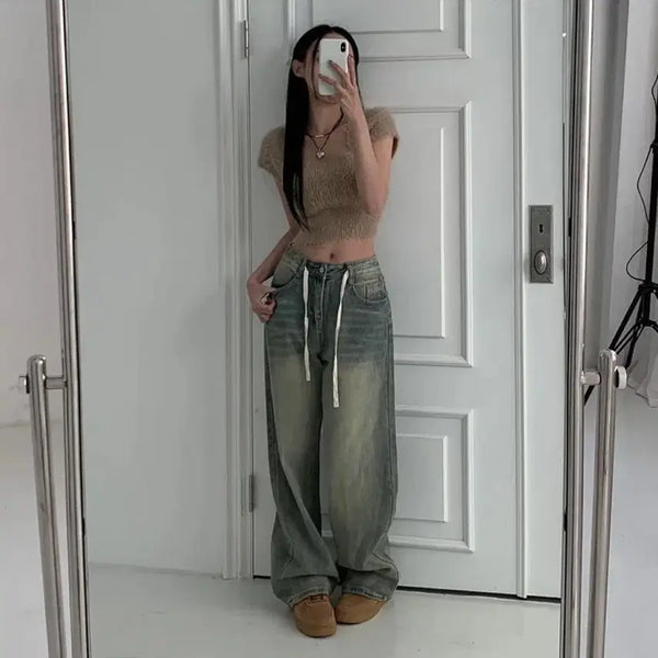 [BUNJANG] Ably Strap Wide Denim Pants Light Blue / 에이블리 스트랩 와이드 데님 팬츠 연청