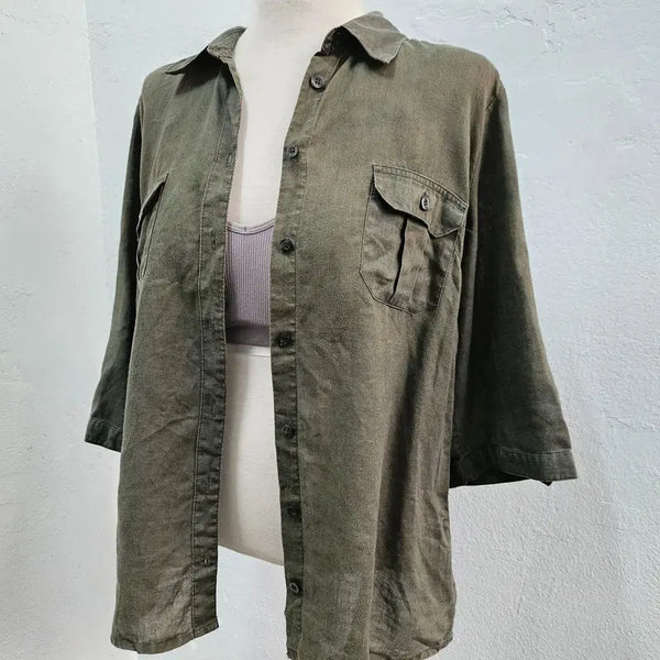 [BUNJANG] H&M Linen Short Sleeve T-Shirt Khaki Women's Size 66 / H&M 유럽수입 린넨 반팔티 여 66 J5097