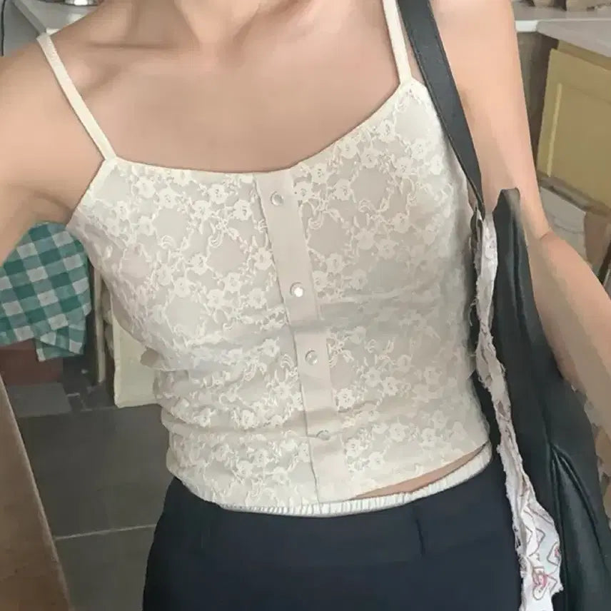 [BUNJANG] Merci Button Lace Layered Bustier Camisole / 메르씨 버튼 레이스 레이어드 뷔스티에 끈나시