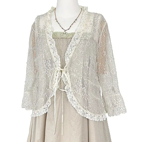 [BUNJANG] Vintage Lace Ruffle Satin Ribbon See-through Cardigan Jacket / 일본빈티지 전체레이스프릴새틴리본시스루가디건자켓 모리걸하구미룩갸루y2k히피