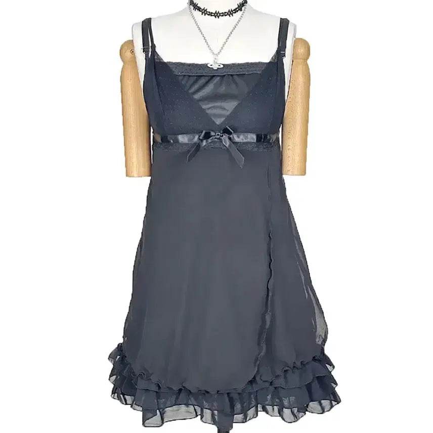 [BUNJANG] Vintage Sheer Lace Ribbon Slip Top - Black / 일본빈티지 쉬폰레이스리본 끈나시슬립티블랙 모리걸하구미룩갸루y2k히피