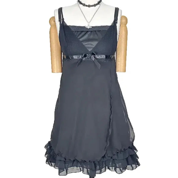 [BUNJANG] Vintage Sheer Lace Ribbon Slip Top - Black / 일본빈티지 쉬폰레이스리본 끈나시슬립티블랙 모리걸하구미룩갸루y2k히피