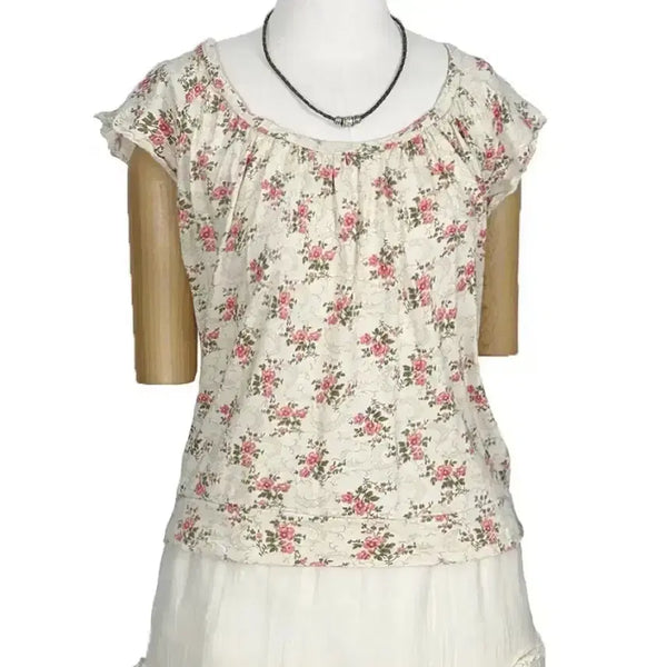 [BUNJANG] Vintage Japanese Flower Cap Sleeve Shirring T-Shirt Light Beige Mori Girl Hagu-mi Look Gyaru Y2K Hippie / 일본빈티지 꽃플라워 캡소매셔링반팔티 라이트베이지모리걸하구미룩갸루y2k히피