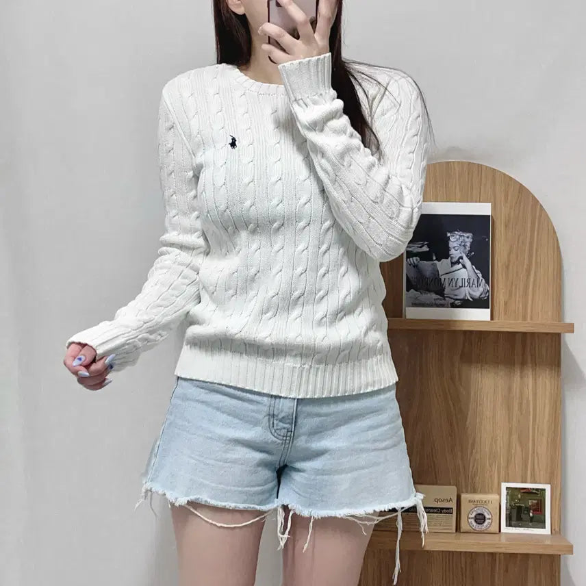 [BUNJANG] Polo Ralph Lauren White Navy Pony Cable Knit Round Sweater M / 폴로 화이트 / 네이비포니 꽈배기 라운드 니트 [ M ]