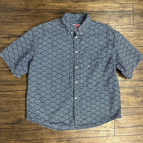 [BUNJANG] Kenzo Paris Seigaiha Pattern Short Sleeve Button-Down Shirt / 겐조 KENZO PARIS 세이가이하 패턴 셔츠 실측 L ~ XL