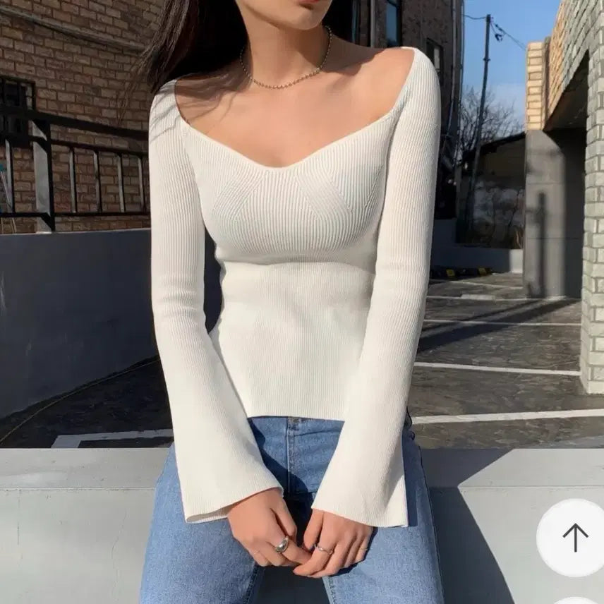 [BUNJANG] Square Neck Off-Shoulder Ribbed Knit / 스퀘어넥 오프숄더 니트
