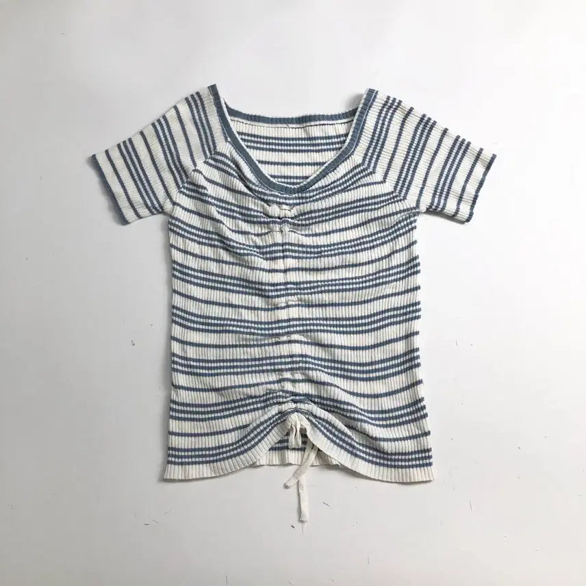 [BUNJANG] Stripe Shirring Short Sleeve Knit / 스트라이프 셔링 반팔 니트