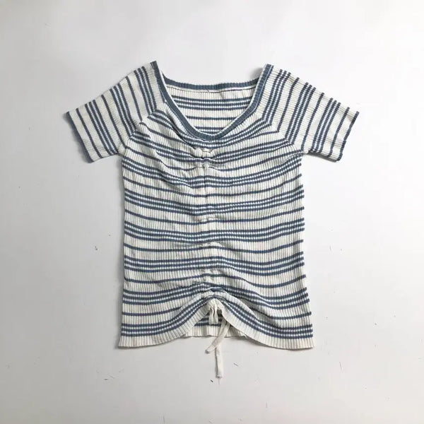 [BUNJANG] Stripe Shirring Short Sleeve Knit / 스트라이프 셔링 반팔 니트
