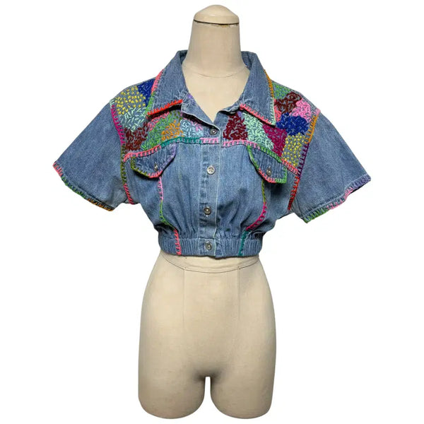 [BUNJANG] Denim Embroidered Cropped Short Sleeve Jacket / 3976 진청 데님 자수 크롭 반팔자켓