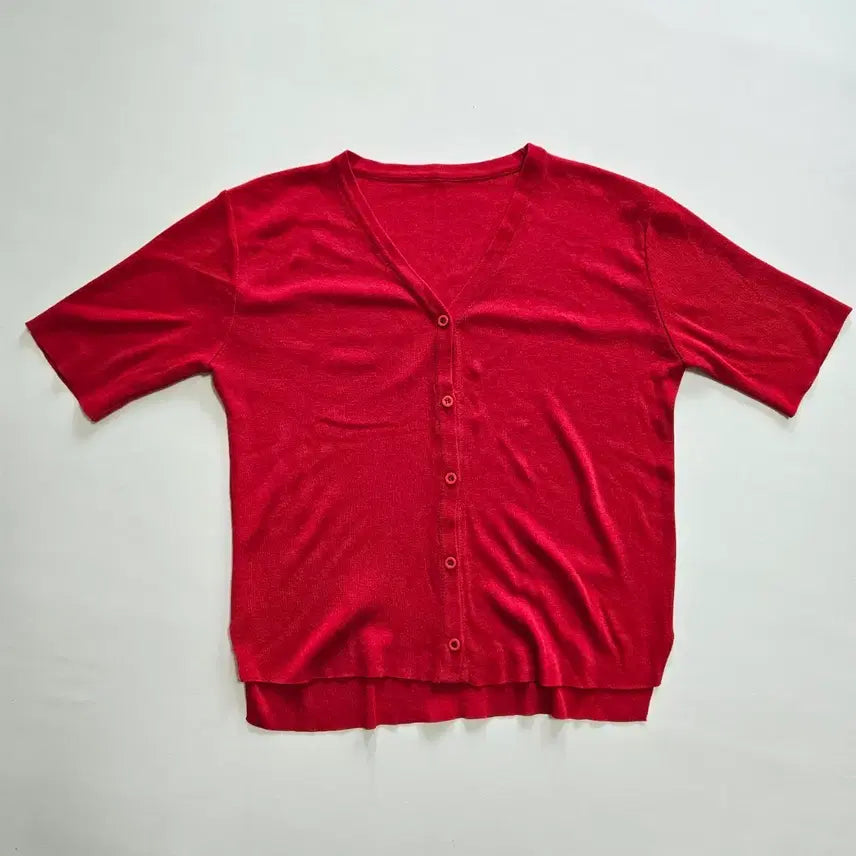 [BUNJANG] Basic V-neck Short-Sleeve Cardigan - Red / 기본 브이넥 반팔 가디건 레드
