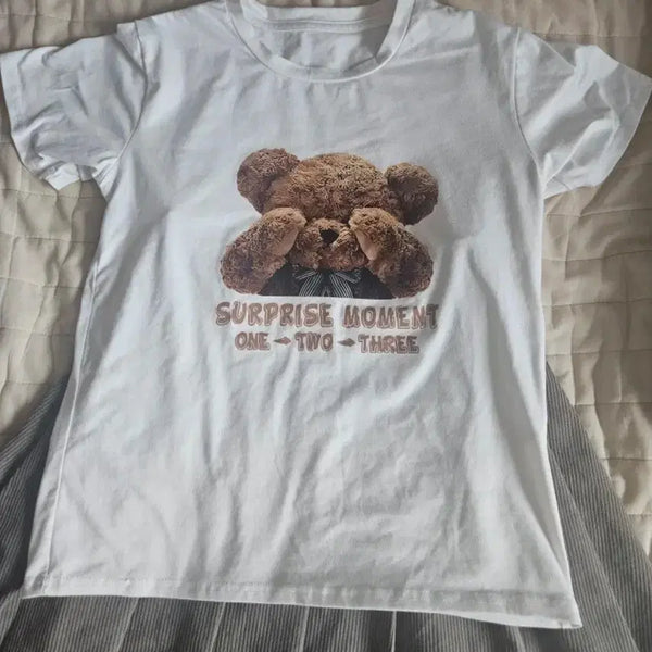 [BUNJANG] Bear Printing Short Sleeve T-Shirt White / 곰돌이 프린팅 흰색 반팔티
