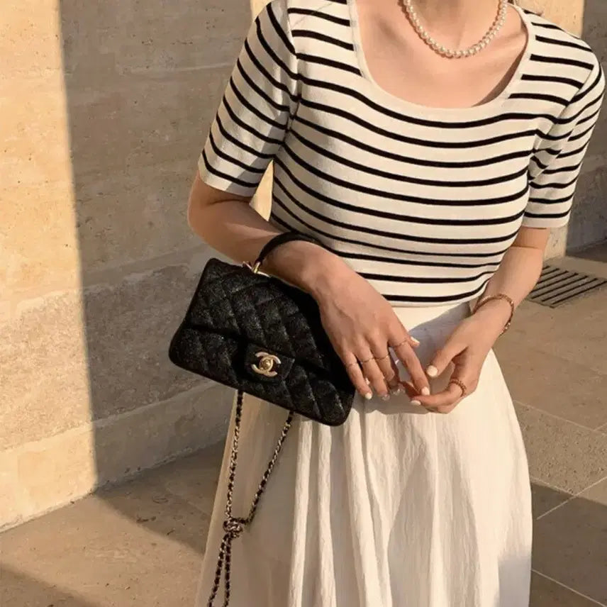 [BUNJANG] Essence L Striped Knit (Ivory/Black) / 새상품/데일리룩 에센셀 스트라이프 니트 (화이트)