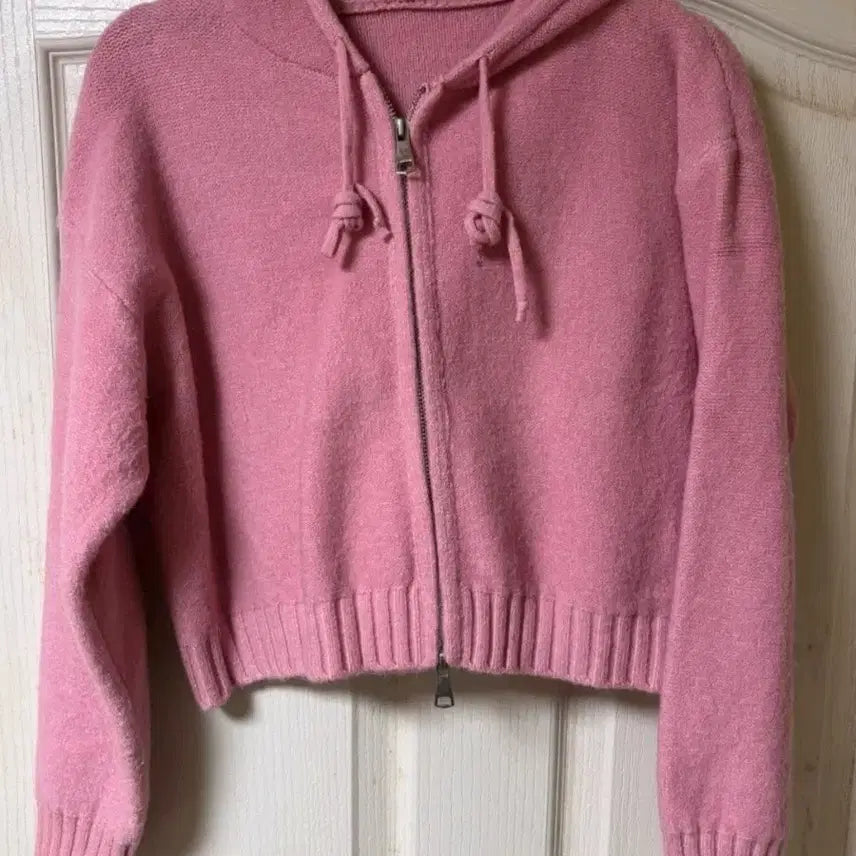 [BUNJANG] Pink Knit Hooded Zip-Up Long Sleeve T-Shirt / 핑크색 니트 후드 집업 긴팔티셔츠 프리사이즈 데일리룩 캐주얼룩