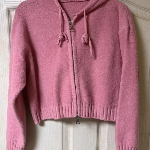 [BUNJANG] Pink Knit Hooded Zip-Up Long Sleeve T-Shirt / 핑크색 니트 후드 집업 긴팔티셔츠 프리사이즈 데일리룩 캐주얼룩