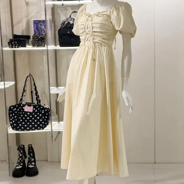 [BUNJANG] Egoist Lace-up Puff Sleeve Corset Dress / 에고이스트 원피스 레이스업 퍼프 스모킹 리본 코르셋