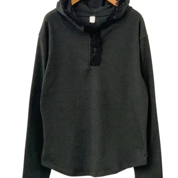 [BUNJANG] Lace Button Henley Neck Hooded T-Shirt with Brushed Lining / 기모안감 레이스 버튼 헨리넥 후드 티셔츠 꾸안꾸