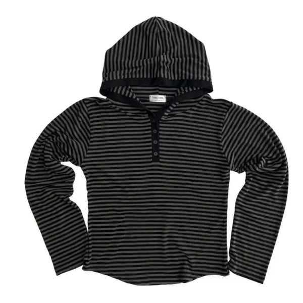 [BUNJANG] Relaxed Fit Colorblock Striped Hoodie T-Shirt / 몸매보정 여유핏 배색 단가라 후드 티셔츠 통통제작
