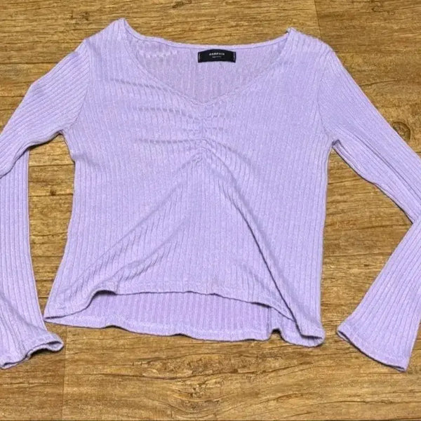 [BUNJANG] Purple Ribbed V-Neck Shirring Long Sleeve Knit Top / 퍼플색 골지 브이넥 셔링 롱슬리브 브이넥 긴팔니트 여자옷 페미닌룩