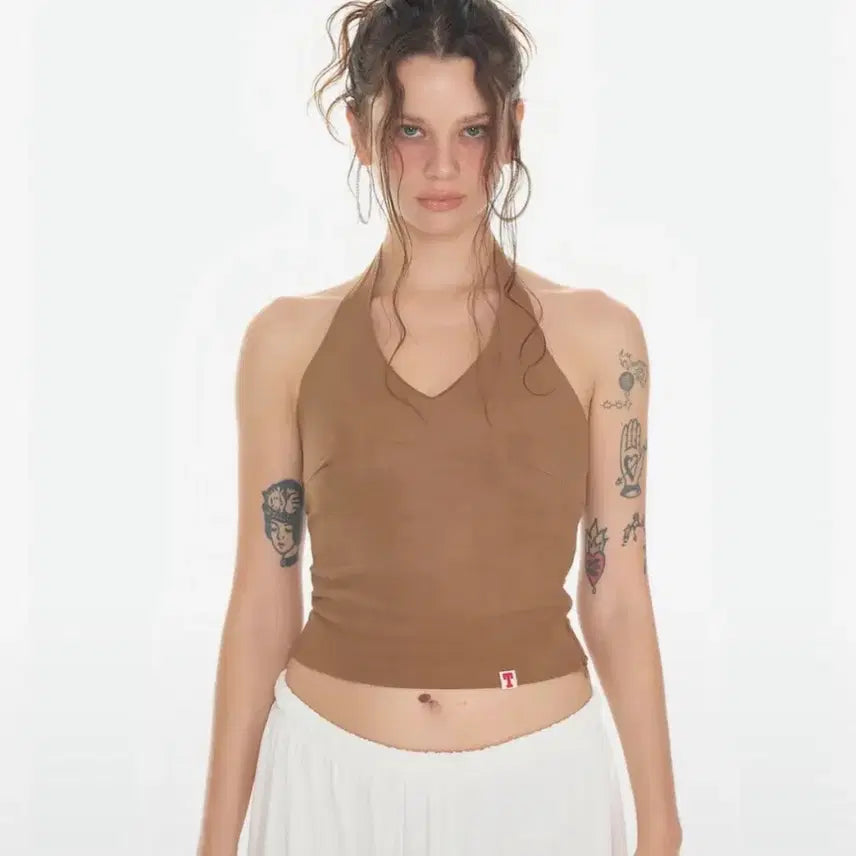 [BUNJANG] Too Much Tax Suede Halter Tank Top Brown S / 투머치택스 tmt 스웨이드 홀터 탱크탑 브라운s