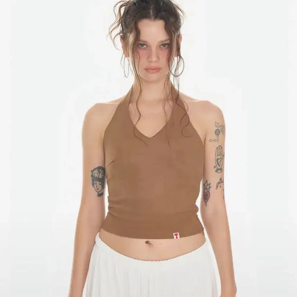 [BUNJANG] Too Much Tax Suede Halter Tank Top Brown S / 투머치택스 tmt 스웨이드 홀터 탱크탑 브라운s