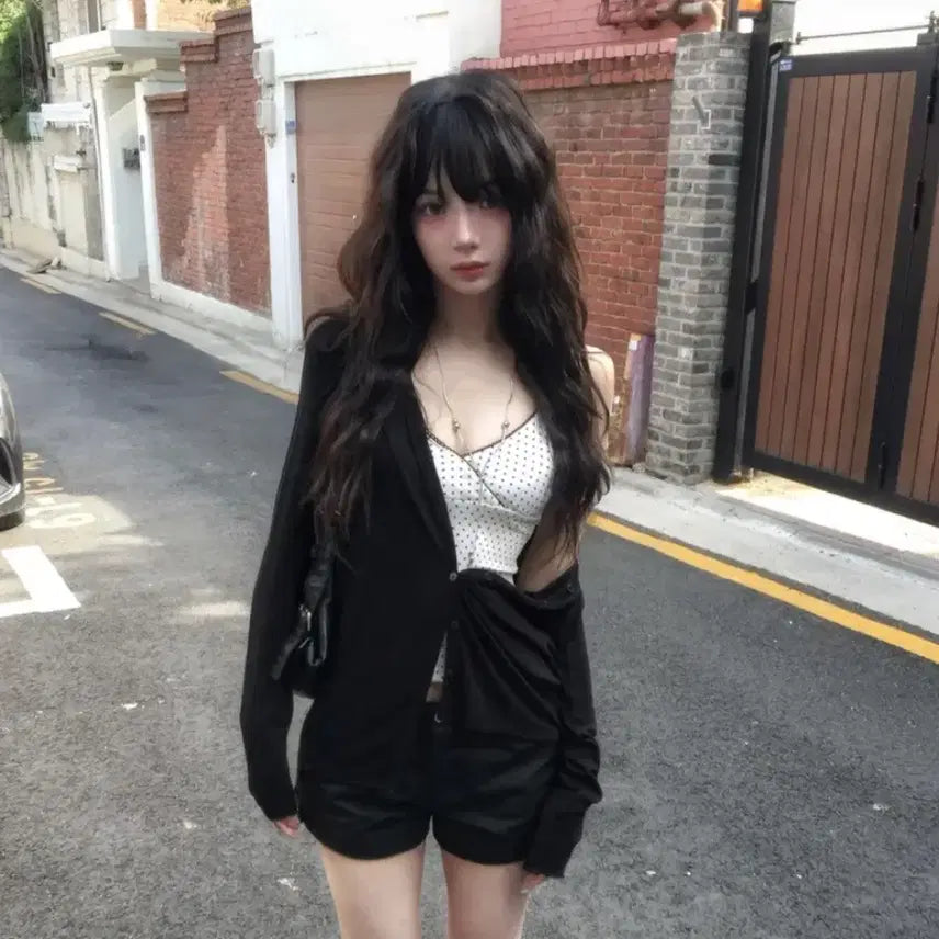 [BUNJANG] Modi Mood Dot Lace Slim Top (White) & Tencel Silhouette Cardigan (Black) / 모디무드 도트 레이스 슬림 탑 화이트+찰랑 가디건 블랙