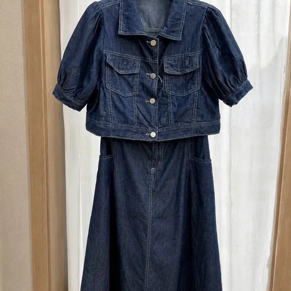 [BUNJANG] Denim Set-up (Crop Jacket + Long Skirt) / 데님 셋업 (크롭 자켓 + 롱스커트)
