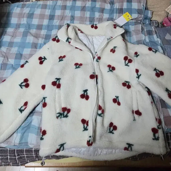 [BUNJANG] Cherry Fleece Zip-Up Jacket with Bag / 체리 플리스 후리스 집업 자켓 페어리계 + 가방