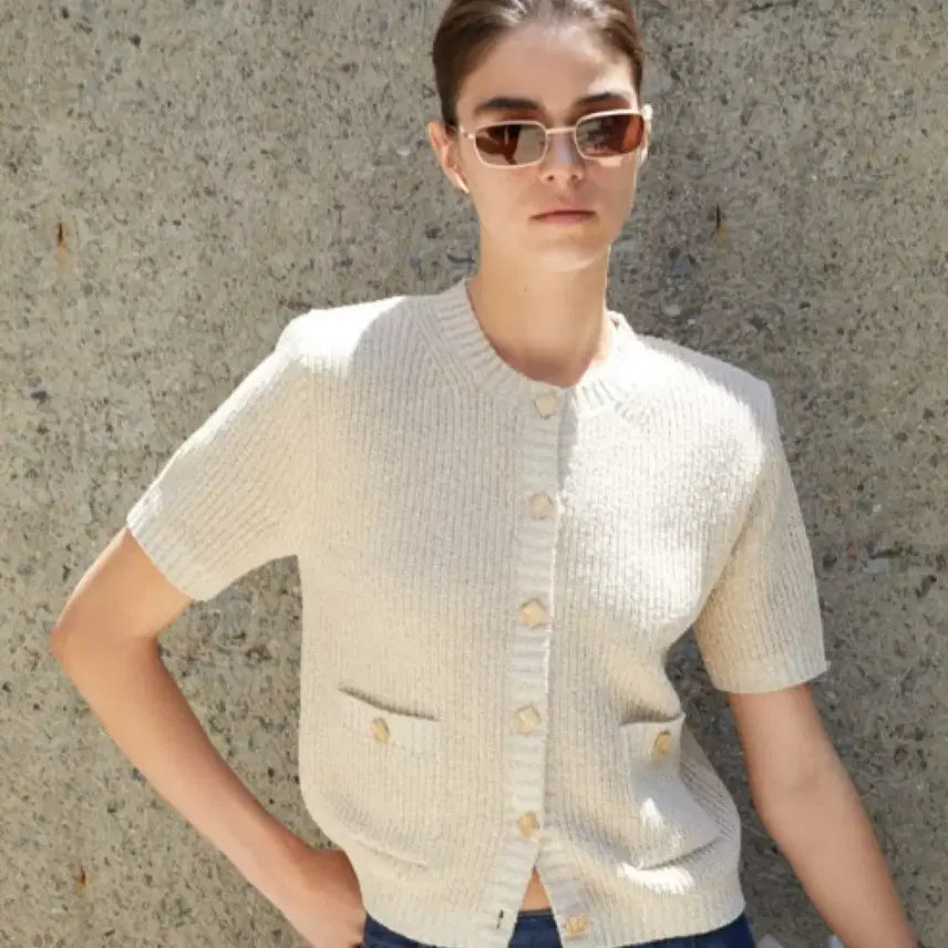[BUNJANG] ORR Melange Knit Short Sleeve Cardigan Beige / 오르ORR 멜란 니트 반팔 가디건 베이지 하객룩출근룩오피스룩봄여름금장버튼