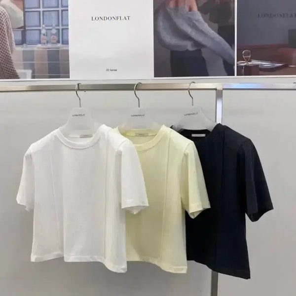[BUNJANG] London Plot Line Pintuck Cropped T-Shirt Charcoal / 런던플랏 라인 핀턱 크롭 티셔츠 챠콜