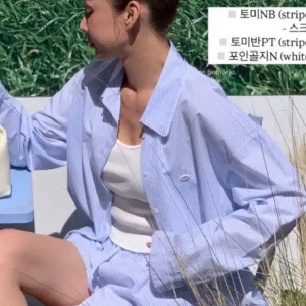 [BUNJANG] Tomgirl Tommy Stripe Shirt + Layered Lace Shorts + Scrunchie Set / 톰걸 토미남방+이중반팬츠+스크런치 세트 (ST,F)