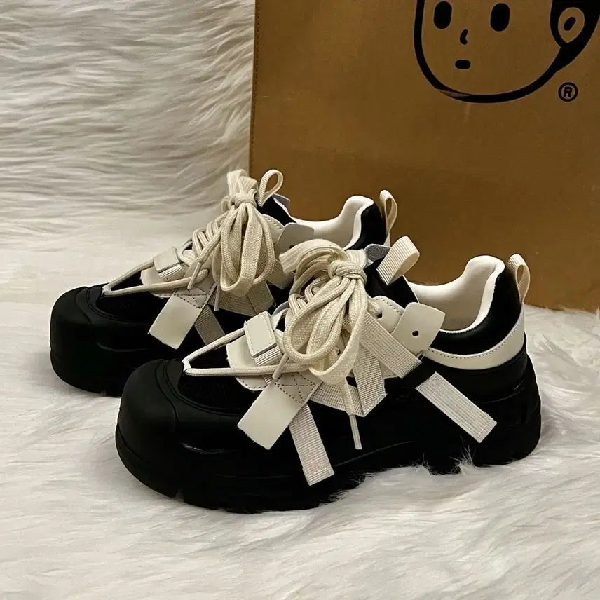 [BUNJANG] Black & Ivory Platform Sneakers / 스니커즈 블랙 앤 아이보리(미끄럼방지 밑창 키높이효과 운동화
